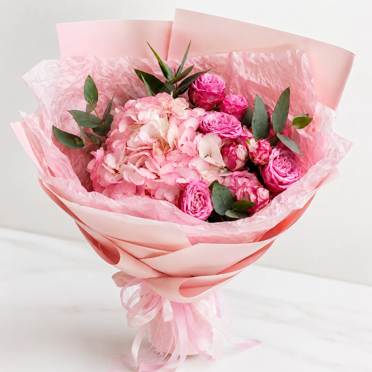 Pink Luxe Bloom – Hydrangea Peony Spray featuring fresh pink hydrangeas and pink peony spray roses in a premium floral arrangement